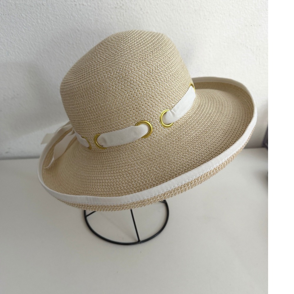 Woven Straw Sun Hat Beige White Ribbon Gold Grommets Wide Brim Beach Hat 56.5cm